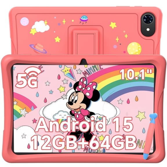 Kids Tablet, Android 15 Tablet for Kids 10.1 inch Ouad-Core with Case, 64GB 1TB TF Card Expandable for Toddler Children, Parental Control, Dual Camera, WiFi,Gift, PINK