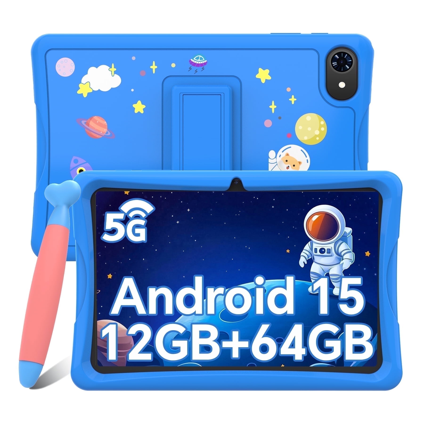 Kids Tablet, Android 15 Tablet for Kids 10.1 inch Ouad-Core with Case, 64GB 1TB TF Card Expandable for Toddler Children, Parental Control, Dual Camera, WiFi,Gift, Blue