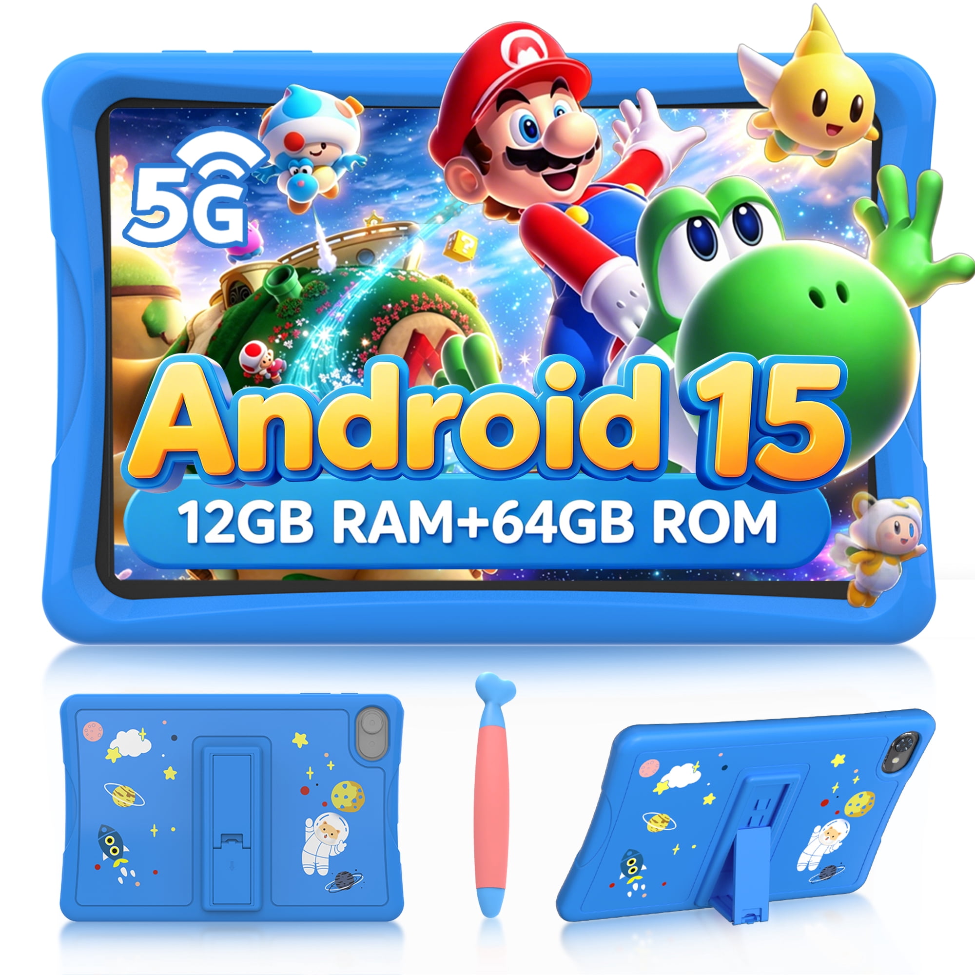Kids Tablet, Android 15 Tablet for Kids 10.1 inch Ouad-Core with Case, 64GB 1TB TF Card Expandable for Toddler Children, Parental Control, Dual Camera, WiFi,Gift, Blue
