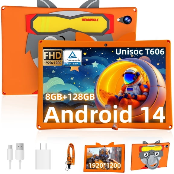 Headwolf Tablet 10 inch Android 14 Kids Tablet with Case Unisoc T606 Octa Core Widevine L1, 5500mAh, Parental Contro