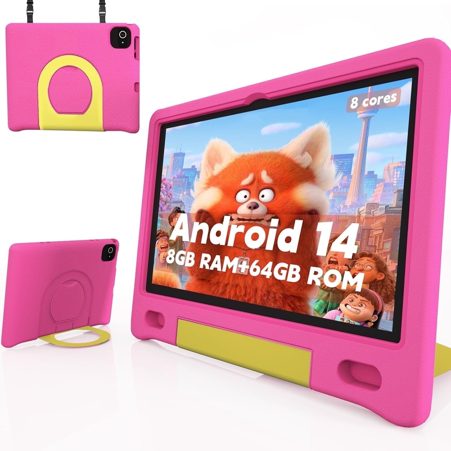 Kids Tablet with Strap, Android 14 Tablet for Kids 10 inch , Toddler Tablet Octa-Core 64GB 1TB Expandable, Children's Tablet with Case, Bluetooth WiFi Parental Control Dual Camera, 12-hr battery