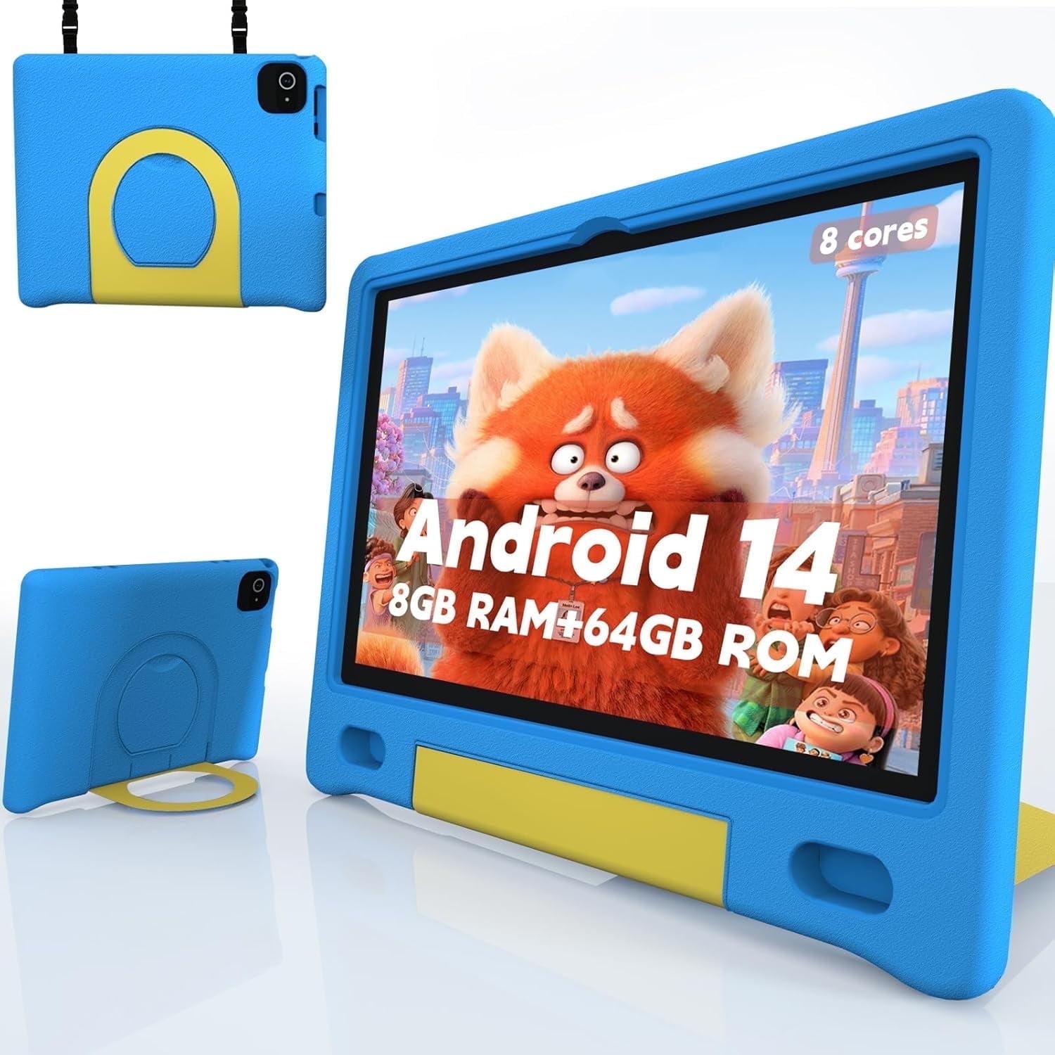 Kids Tablet with Strap, Android 14 Tablet for Kids 10 inch , Toddler Tablet Octa-Core 64GB 1TB Expandable, Children's Tablet with Case, Bluetooth WiFi Parental Control Dual Camera, 12-hr battery