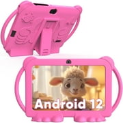 Kids Tablets 7 inch Android 12, 4GB RAM 32GB ROM, 512GB Expandable, with Parental Control, Google Certified, WiFi, Bluetooth, Dual Camera with Silicone CasePink