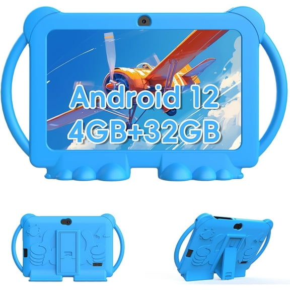 Kids Tablets 7 inch, Android 12 Tablet for Kids, 4GB RAM 32GB ROM, 512GB Expandable, with Parental Control, Google Certified Toddler Tablet, WiFi, Bluetooth, Dual Camera with Silicone Case