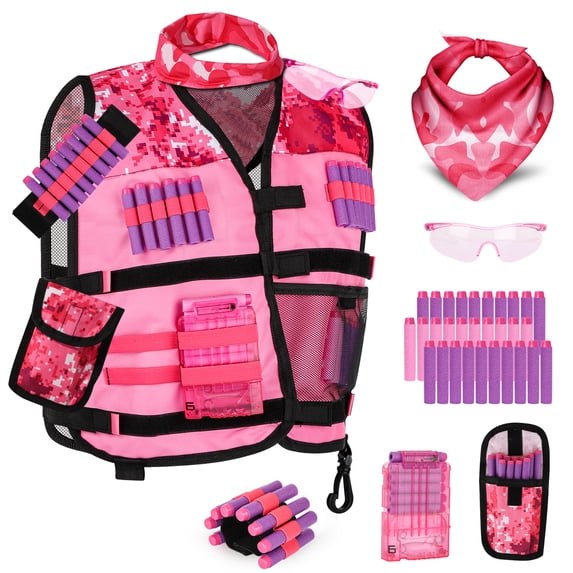 Kids Tactical Shooting Vest Kit Girls, with 30 Refill Darts (Pink)
