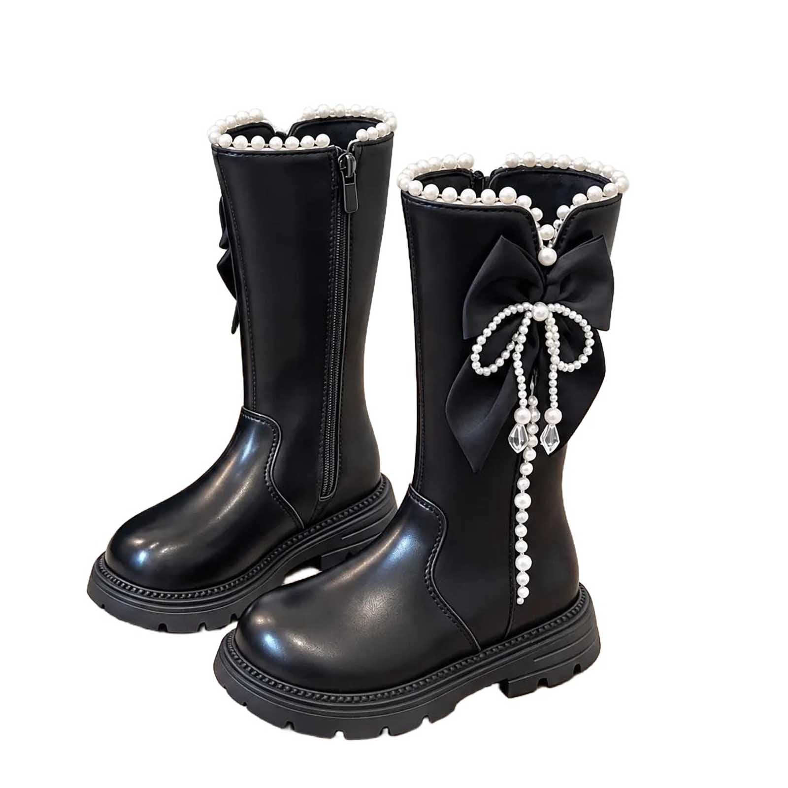 Kids Tall Boots With Pearl Bow Side Zipper Cozy Winter Shoes For Little ...