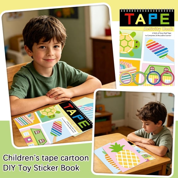 Kids Tape Activity Book Wall Stickers, 11.02 x 7.87 in Reusable Cartoon DIY Sticker Book for Home Learning, 1 Set