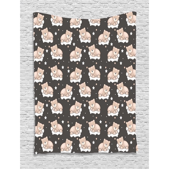 Kids Tapestry, Adorable Teddy Bears Sleeping on Clouds with Stars and Dots Night Time Dream, Wall Hanging for Bedroom Living Room Dorm Decor, 40W X 60L Inches, Dark Taupe Tan White, by Ambesonne