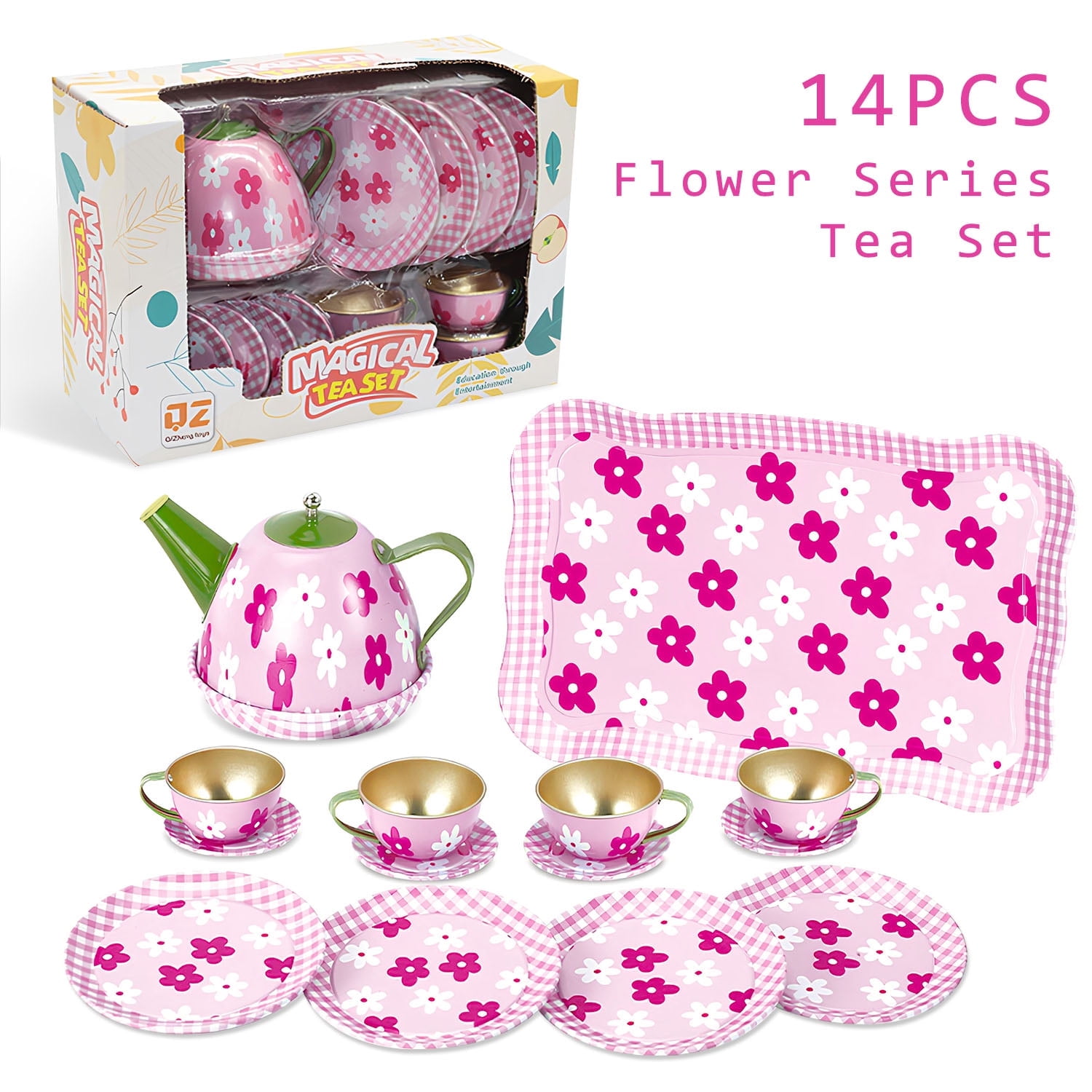 Kids Tea Set Toys for Little Girls 14 PCS Tin Tea Party Set Kitchen Pretend Play Princess Tea Time Toys Flower Pink