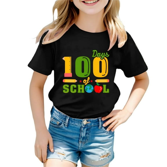 Kids Tee Boys and Girls Summer 100 Days of School Short Sleeve T Shirt Toddler Happy 100Th Day Tops Girls Shirts Black 8 Years-9 Years
