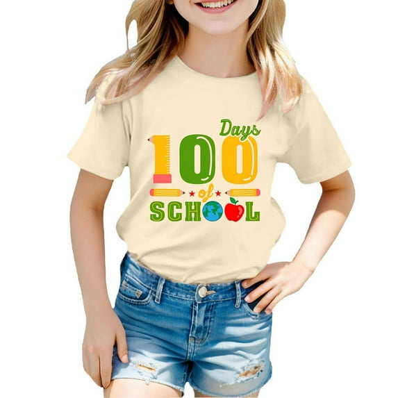 Kids Tee Boys and Girls Summer 100 Days of School Short Sleeve T Shirt Toddler Happy 100Th Day Tops Girls Tee Beige 8 Years-9 Years
