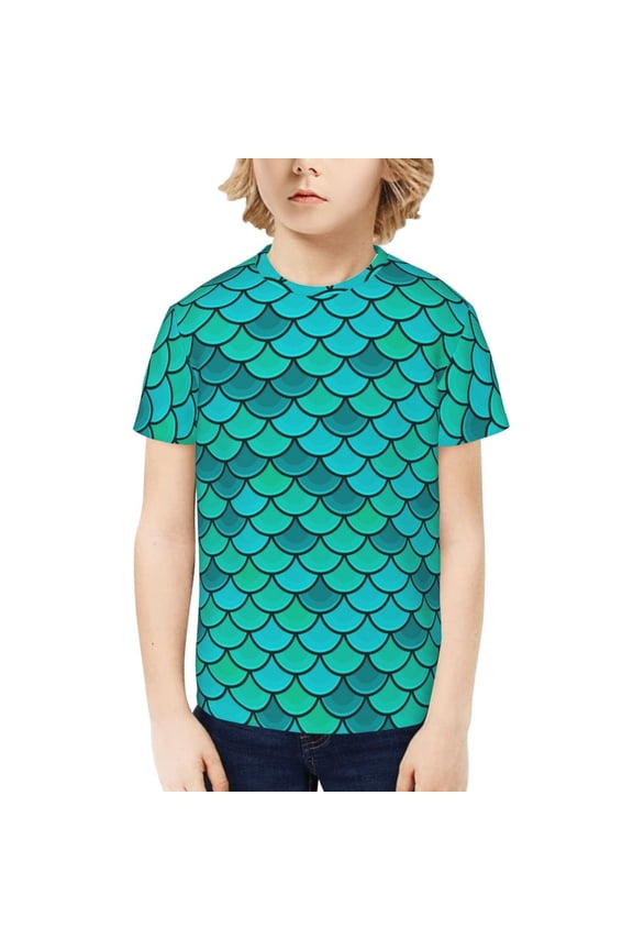 Kids Tee Tops Summer Short Sleeve Boys Girls Casual T-Shirts, Fish Scales Blue Geometric