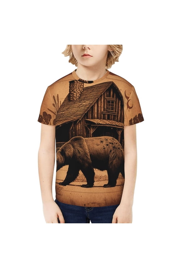 Kids Tee Tops Summer Short Sleeve Boys Girls Casual T-Shirts, Rustic Lodge Cabin Bear Southwestern Vintage