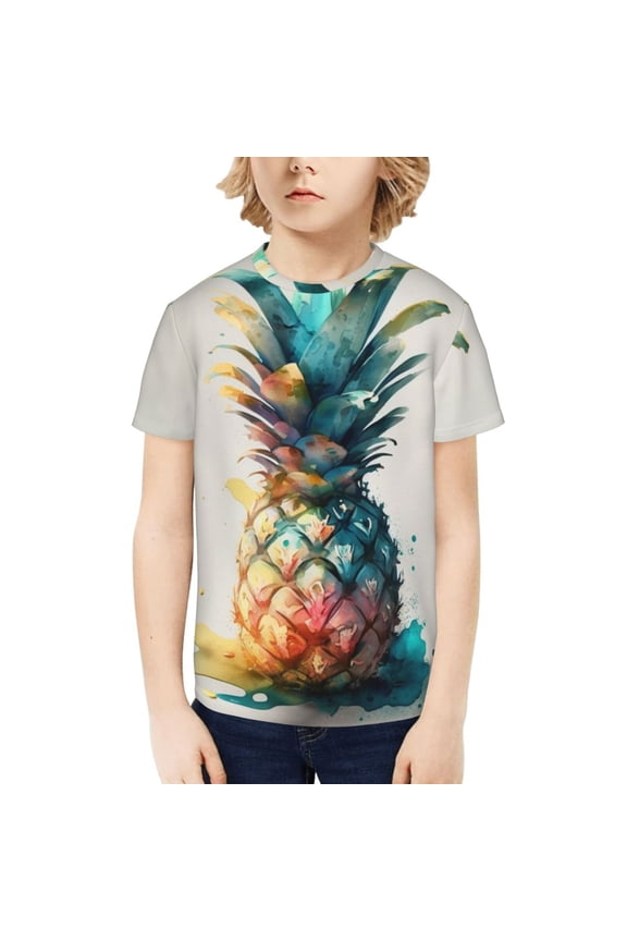 Kids Tee Tops Summer Short Sleeve Boys Girls Casual T-Shirts, Watercolor Pineapple Art