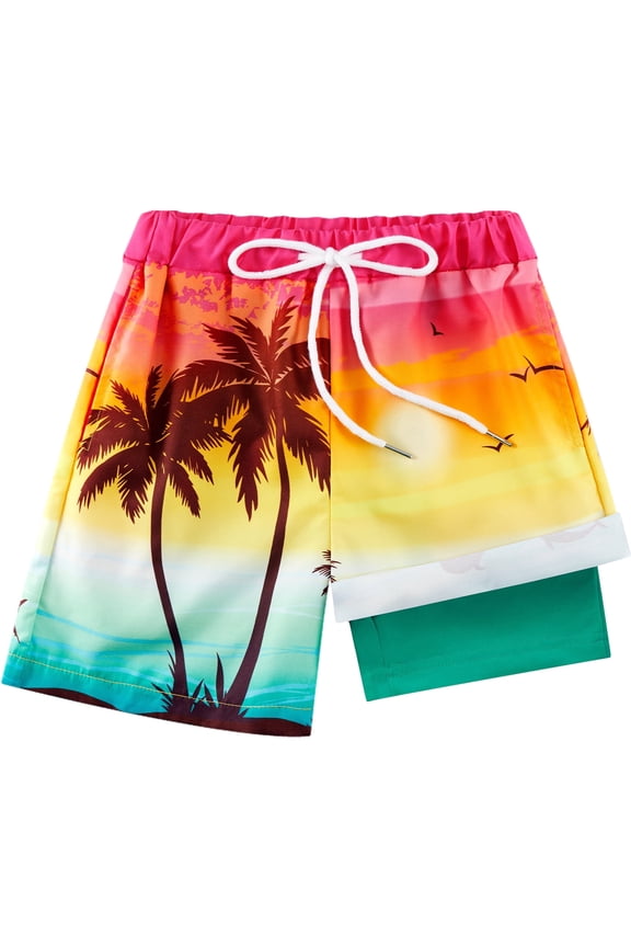 Kids Teens Boys Swim Trunks with Compression Liner Double Layer Beach Surf Swim Shorts Quick Dry Anti Chafe Boxer Brief Swimwear 5-16 Years
