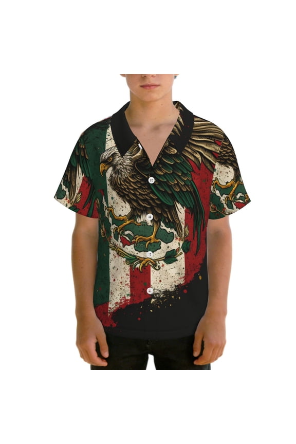 Kids Teens Hawaiian Shirts Casual Button Down Summer Beach Tops for Boys, Eagle Flag Of Mexico Mexican Flags