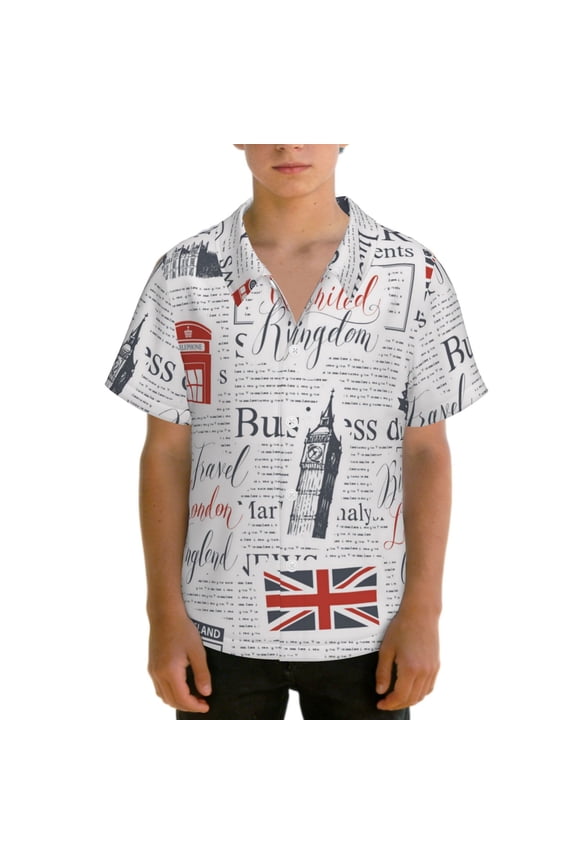 Kids Teens Hawaiian Shirts Casual Button Down Summer Beach Tops for Boys, Uk And London British Vintage Newspaper