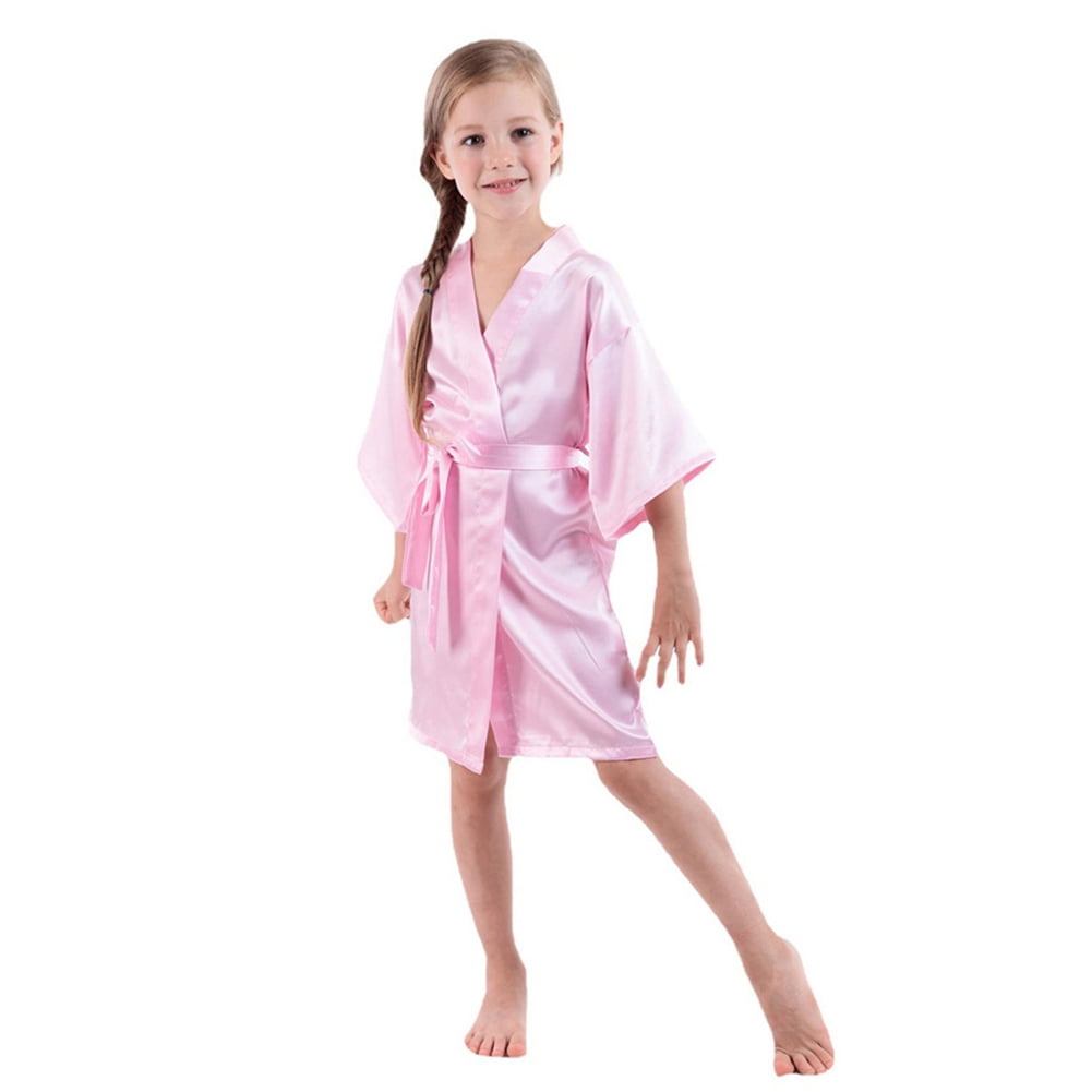 Kids Teens Unisex Silky Satin Robe Solid Color Kimono Sleeping Gown ...