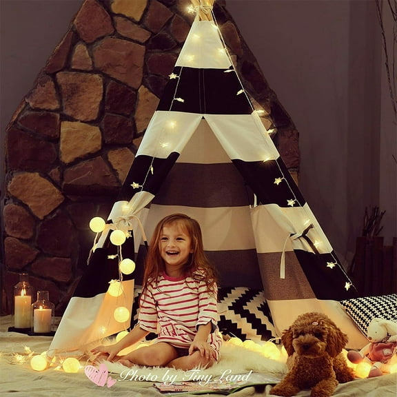 Kids Teepee Tent, Black and White Stripe Tent Children Play Tent with Canvas for Indoor & Garden, Beach, Camp