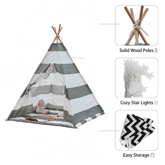Yolispa Teepee Tent for Kids with Carry Bag, 55" Washable Playhouse with String Lights and Banner for Indoor Use, Ideal Play Tent for Girls and Boys, Stripe Grey