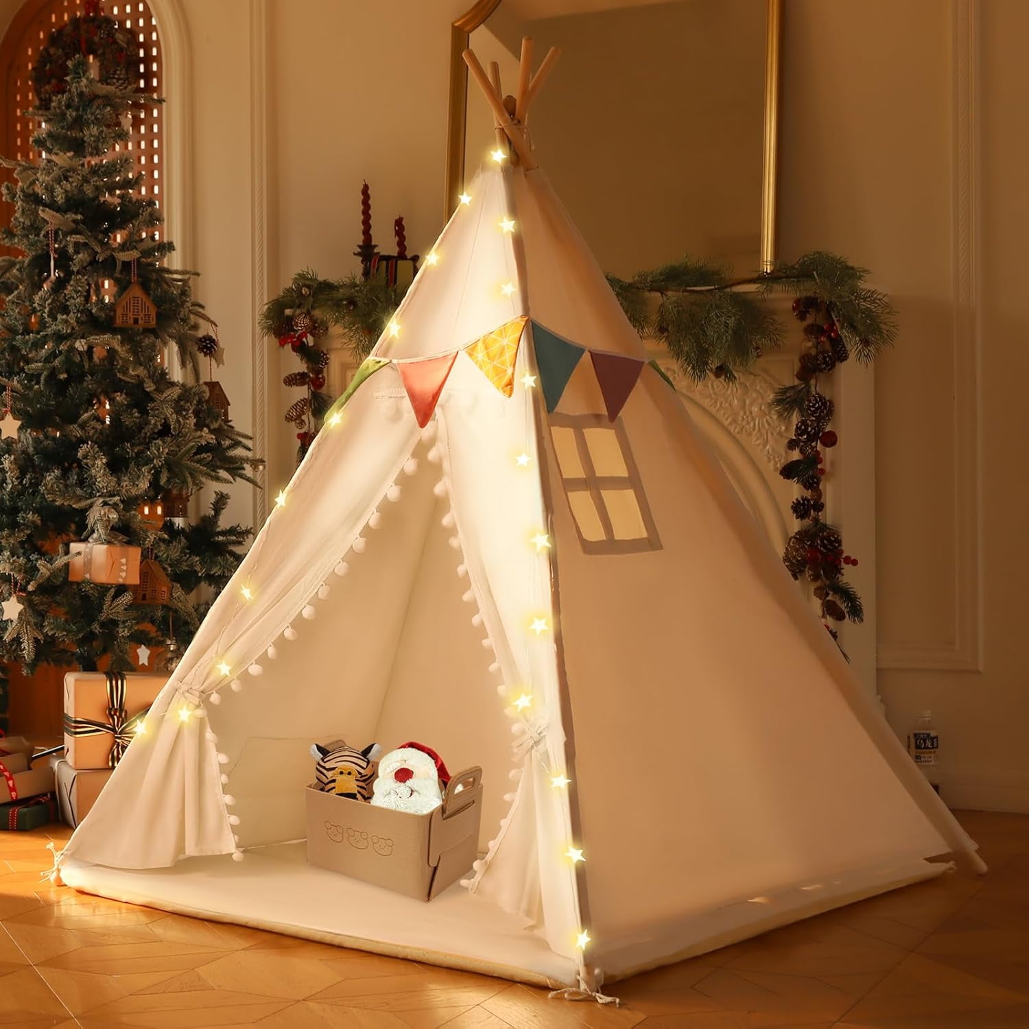 Kids Teepee Tent with Mat - Indoor Playhouse for Boys and Girls - Anti-Slip Cotton Teepee Tent for Kids with Star Lights, Flags, Felt Basket and Carry Bag Toddler Teepee Children's Room Teepee Tent