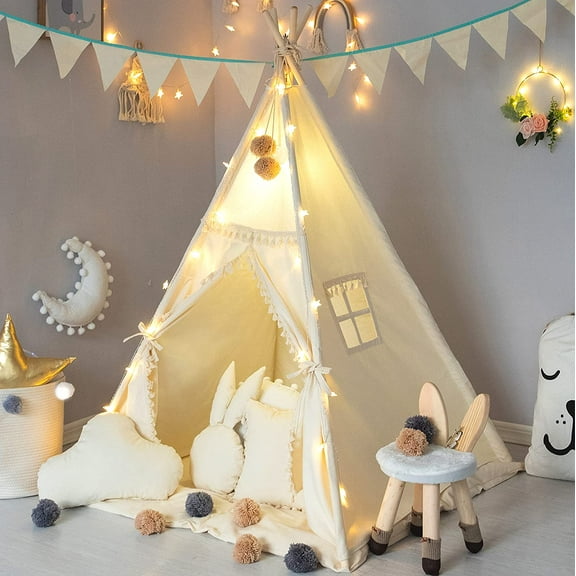 Kids Teepee Tent with Padded Mat, Banner, Fairy Lights, Yarn Ball, Carry Bag, Beige Cotton Canvas Play Tent for Child with Tassels Lace, Play House Tipi for Kids Room Decor