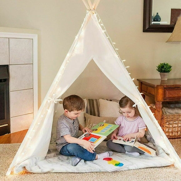 Kids Teepee Tent Playhouse White Natural Cotton Canvas with Window & Fixed Components, Best Gift for Your Baby