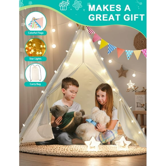 Kids Teepee Tent for Indoor/Outdoor - Natural Canvas Playhouse with Lights & Carry Bag