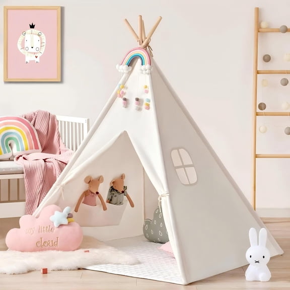 Tiny Land Teepee Tent for Kids, Foldable Play Tent with Mat, Portable Indoor & Outdoor Canvas Playhouse for Toddlers