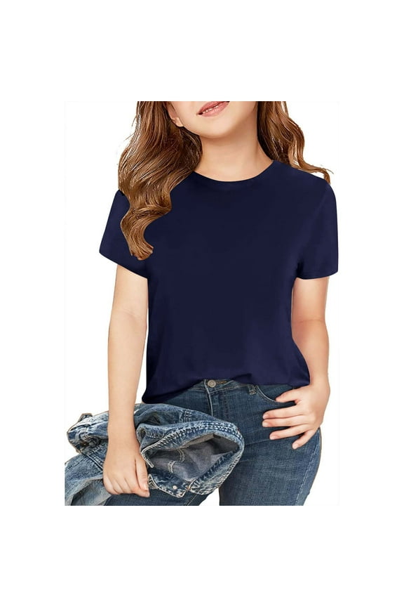 Kids Tees 2 Pack Crew Neck Cotton Solid T-Shirts Toddler Boys Girls Short Sleeve Comfort Soft T-Shirt Undershirt Tops Navy 7T