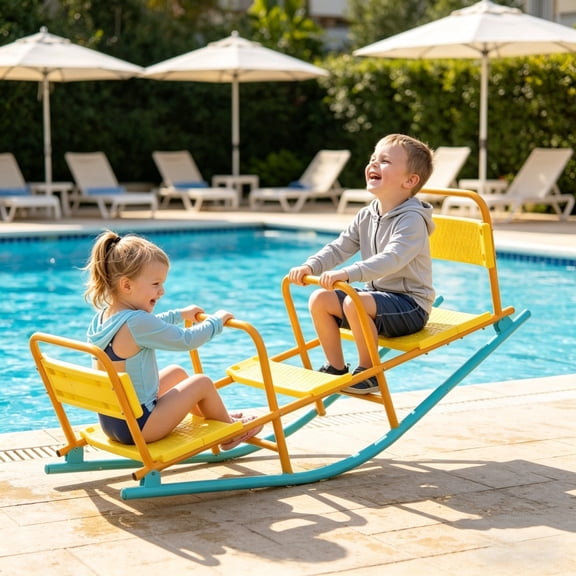 Kids Teeter Totter, Curved Base Seesaw Rocker with Steel Frame, Ergonomic Seat & Handrails, 220 lbs Weight Capacity for 3-8 Years Old Indoor Outdoor Use