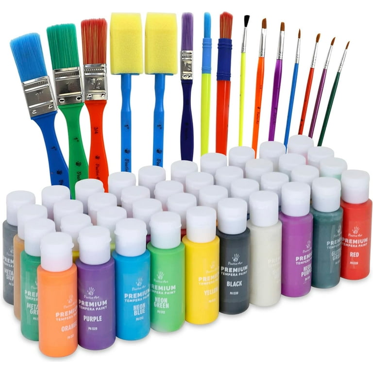 Kids Tempera Paint Set | Value Pack Includes 40 Washable Non-Toxic Colorful Paints (2oz bottles) & 15 Brushes | Metallic Neon Glow in The Dark