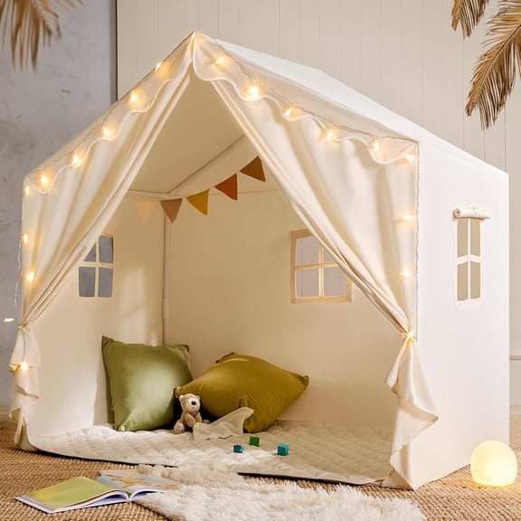 Kids Tent with Mat and Star Lights, Indoor Playhouse for Toddlers, 57"x36"x52" Large Reading Nook for Girls & Boys, Modern Bed Canopy for Kids Room, Teepe Tent