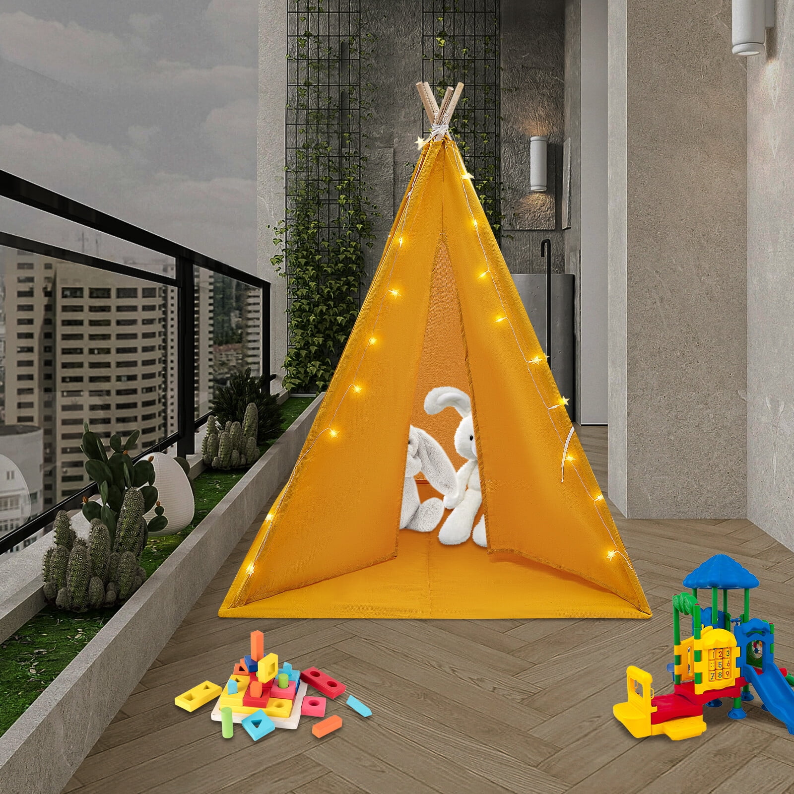 Kids Tent with String of Lights&Window&Floor Mat , Yellow, Camping Tent for 1-3 Kids(Aged 1-12)