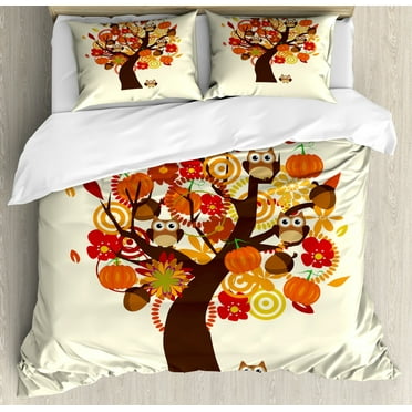Kids Thanksgiving Duvet Cover Set King Size, Abstract Fall Tree with Flowers Acorns Pumpkins and Owls Generous Nature, Decorative 3 Piece Bedding Set with 2 Pillow Shams, Multicolor, by Ambesonne