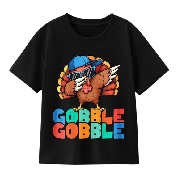 Kids' Thanksgiving Gobble Gobble Graphic T-Shirt, Colorful Turkey Shirt