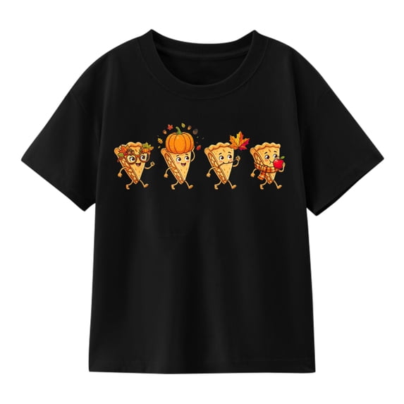 Kids' Thanksgiving Pizza Turkey Graphic T-Shirt, Cute Fall Short Sleeve Shirt
