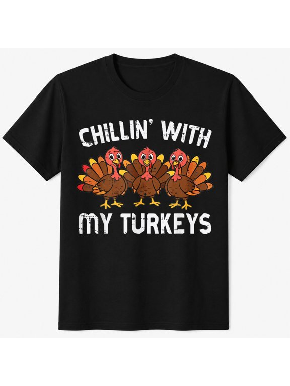 Kids Thanksgiving Shirt, Chillin With My Turkeys Funny Graphic 100% Cotton Short Sleeve T-Shirt