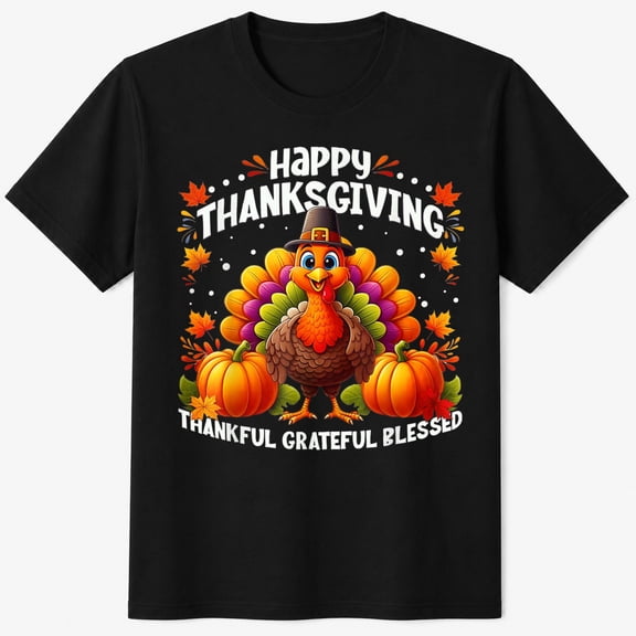 Kids Thanksgiving Shirt, Happy Thanksgiving Turkey Autumn Graphic T-Shirt, Thankful Grateful Blessed