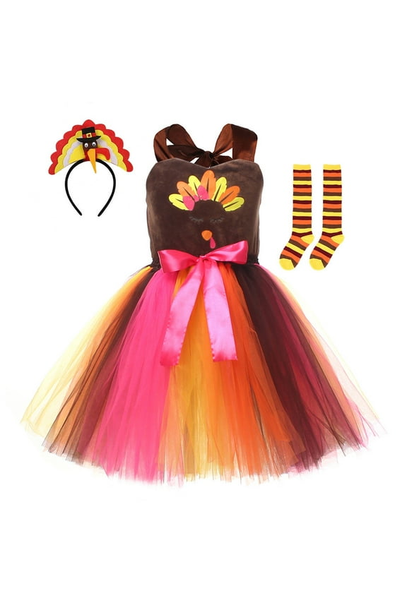 Kids Thanksgiving Turkey 𝐂ostume Girls Dress Party 𝐂osplay Tutu Dress with Headband Socks Holiday Outfit Set