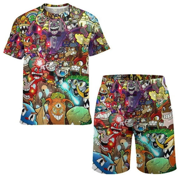 Kids The Cuphead Show Short Sleeve T-Shirt And Shorts Outfit Set Athletic Mesh Shorts Set for Boys