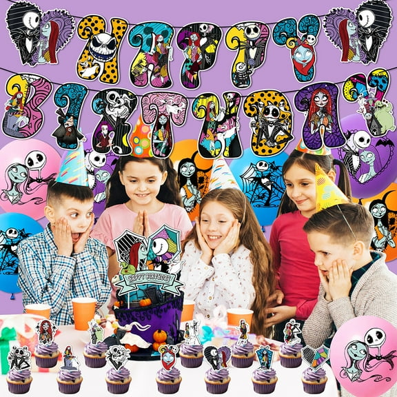 Kids Theme Birthday Party Decorations Supplies Set Halloween Jack Skellington Balloon Banner Cake Toppers