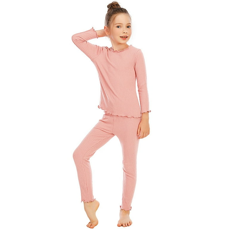 Kids Thermal Underwear Set Soft Cotton Girls' Top and Long Pants Winter  Base Layer Top & Bottom, Solid Color with Flower Brim 