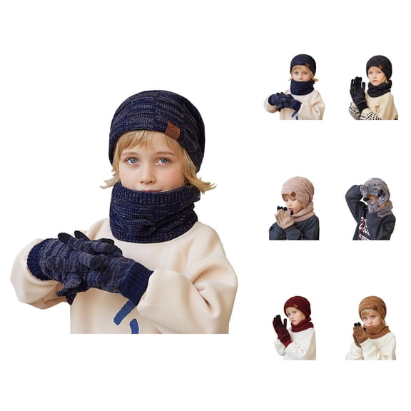 Kids Thick Knit Three-Piece Set – Warm Ear Protection Hat Scarf Gloves with Soft Lining for Cold Weather, Cozy Winter Accessories for Outdoor Activities School Travel, Child Gift Ideas Ski