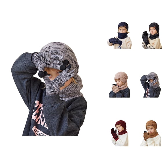 Kids Thick Knit Three-Piece Set – Warm Ear Protection Hat Scarf Gloves with Soft Lining for Cold Weather, Cozy Winter Accessories for Outdoor Activities School Travel, Child Gift Ideas Ski