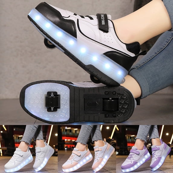 Kids' Thick Sole Sneakers With Wheels Light Up Shoes Usb Rechargeable Roller Skates Purple 10.5 Y-11 Y
