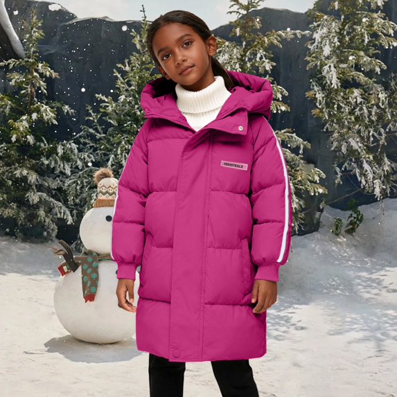 Kids Thickened Hooded Cotton Puffer Jacket, Mid-Length Winter Coat with Warm Insulation, Lightweight Quilted Outerwear for Boys and Girls in Cold Weather Hot Pink