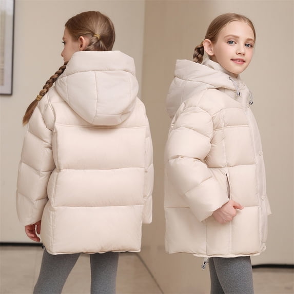 Kids Thickened Hooded Puffer Jacket, Boys & Girls Warm Winter Coat with Thermal Insulation, Casual Outdoor Snowwear for Extreme Cold Weather Protection White