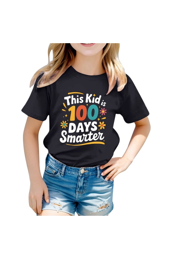 Kids' This Kid Is 100 Days Smarter Letter Print Crew Neck T Shirt Black 10 Y-11 Y