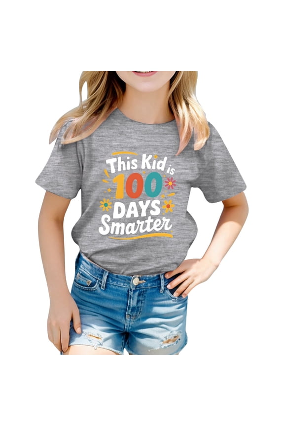 Kids' This Kid Is 100 Days Smarter Letter Print Crew Neck T Shirt Grey 10 Y-11 Y
